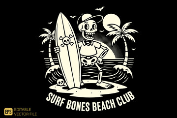 Skeleton Surfer with Surfboard on Beach at Sunset.