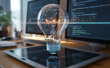 A brilliant light bulb illuminates a digital tablet, symbolizing innovation and technological advancement in software development and coding, sparking creativity and new ideas