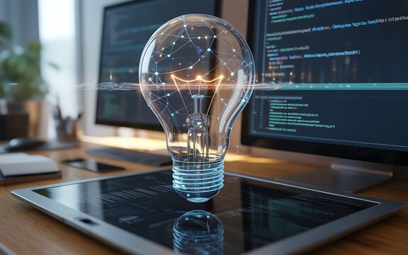 A brilliant light bulb illuminates a digital tablet, symbolizing innovation and technological advancement in software development and coding, sparking creativity and new ideas