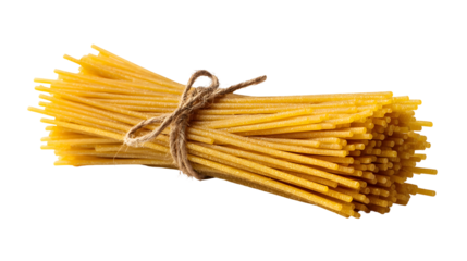 Bundle of raw spaghetti pasta tied with string for culinary and cooking concepts