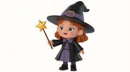 Obraz premium Young witch with a pointed hat and wand, radiating magic and playful fantasy.