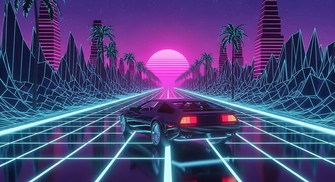 A futuristic road trip through a vibrant, neon-lit, 80s-inspired landscape, featuring a stylish vehicle and geometric shapes.