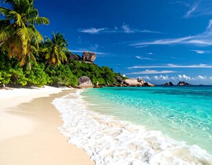 Tropical beach scene with clear water, sand, rocks, and palm trees