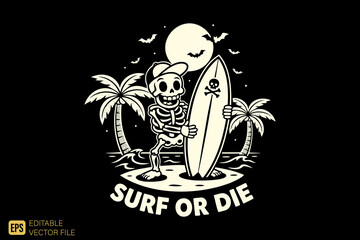 Smiling Skeleton Surfer with Board on Tropical Beach at Night.