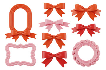 Festive red and pink bows, ribbons, and decorative shapes create a celebratory, joyful arrangement.