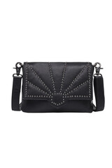 Stylish black leather crossbody bag with silver studded detail on white