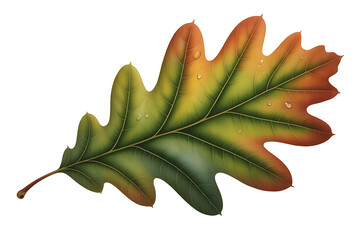 Autumn oak leaf displays vibrant shades of green, yellow, and orange, representing seasonal change.