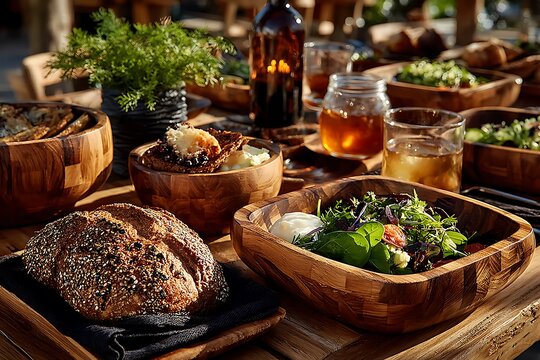 Farm to table meal in bamboo dinnerware high resolution picture