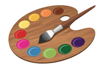 Wooden palette holds vibrant paint colors, complemented by a brush, suggesting artistic creation.