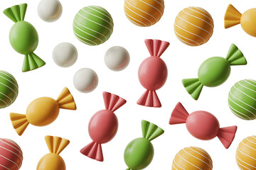 Colorful candies with stripes and swirls scattered playfully against a clean white backdrop.