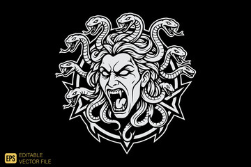Medusa Head with Snakes and Open Mouth in Detailed Illustration.