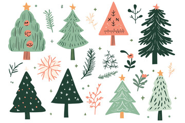 Six decorated green christmas trees variety festive holiday ornaments on illustration