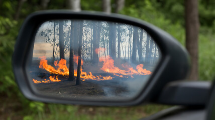 A car's rearview mirror reflects a dense forest with visible flames, symbolizing potential danger and uncontrolled fire.