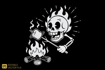Flaming Skull Roasting Marshmallow Over Campfire Cartoon Illustr