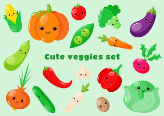Set of cute vegetables isolated on light green background. Collection of veggies. Kawaii style. Childish characters.Design elements for kids materials,books, healthy food and farm posters. Vector