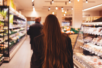Back view of long hair brunette woman pushing shopping cart while buying in grocery store. Business woman after work go to supermarket for buy something.