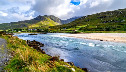 A vibrant landscape photograph showcases a river flowing into a bay, flanked by green hills and dramatic mountain peaks under a cloudy sky