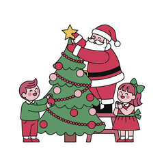 Santa Claus and children decorating a Christmas tree together.