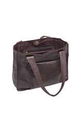 Naklejka premium Open dark brown leather tote bag with pockets and handles