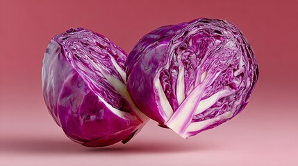 Fototapeta premium Two pieces of purple cabbage are shown, one of which is cut in half