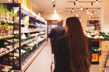 Back view of long hair brunette woman pushing shopping cart while buying in grocery store. Business woman after work go to supermarket for buy something.