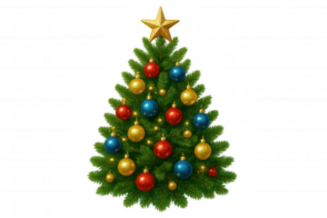 Christmas tree decorating with a star topper and colorful ornaments, festive holiday celebration on transparent background