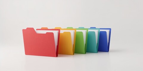 Illustration of colorful file folders isolated on white background in a row, organization concept