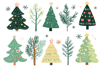 Obraz premium Collection of six diverse green fir trees isolated on for festive design illustration