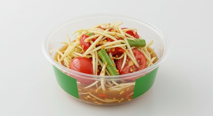 Thai papaya salad in PET bowl with branding wrap isolated on white background for food photography or cooking