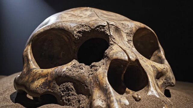Ancient human skull close up detailed bone structure paleontology study