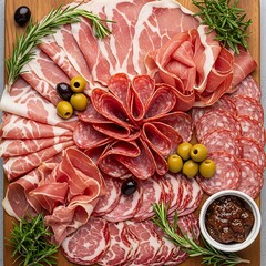 An assortment of cured meats and salami arranged artfully on a wooden board, accented with fresh rosemary and green olives, creating a beautiful and appetizing display.