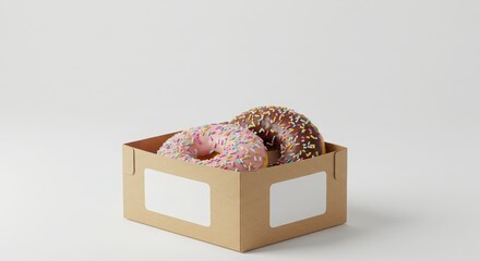 donut duo in kraft snack box with blank label tag isolated on a plain background for bakery or dessert related imagery