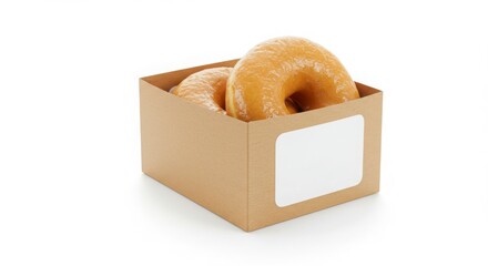 donut duo in kraft snack box with blank label tag isolated on a white background for bakery or dessert related imagery