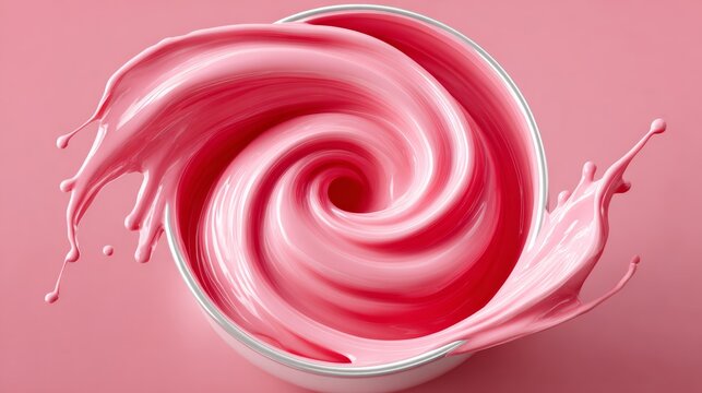 Swirl of pink paint is splashed across a white bowl. The bowl is filled with a pink liquid, and the swirls of paint create a sense of motion and energy. The image conveys a feeling of excitement