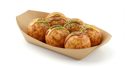takoyaki balls in kraft boat tray with logo-ready sticker	 isolated on a white background for food photography