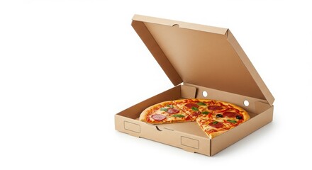 pizza slice in triangular kraft box with label zone isolated on a white background for food and restaurant related concepts