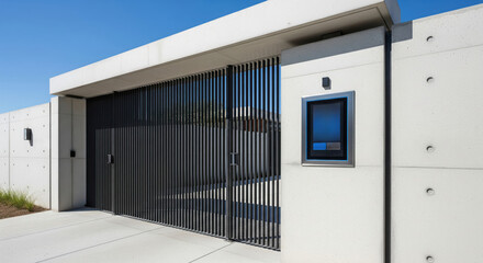 Modern minimalistic concrete building entrance with metal gate and security access panel under clear blue sky. Architecture and technology concept for design and real estate banner
