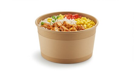 burrito bowl in kraft round box with wide branding sleeve isolated on a white background for food presentation or catering use