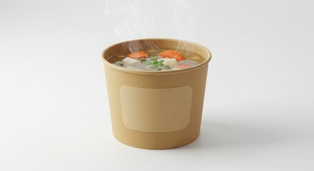 hot soup in paper bowl with kraft lid and wide branding panel isolated on plain background for food photography