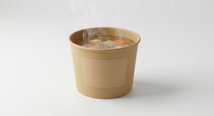 hot soup in paper bowl with kraft lid and wide branding panel isolated on plain background for food photography