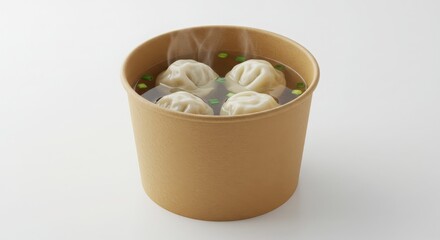 dumpling soup in kraft bowl with branding wrap isolated on plain background for food photography