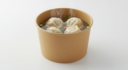 dumpling soup in kraft bowl with branding wrap isolated on plain background for food photography