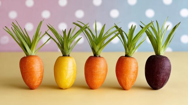 Row of carrots with different colors and sizes. The carrots are arranged in a line, with some being taller than others. Concept of variety and diversity, as each carrot is unique in its appearance