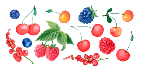 Watercolor illustration of summer berries: cherry, raspberry, blueberry, red currant, blackberry isolated on white. Fruit clipart for kitchen prints, food packaging, recipe cards and seasonal design.