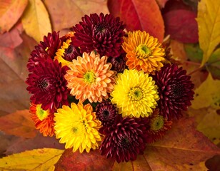 Vibrant bouquet of autumn flowers resting on colorful leaves