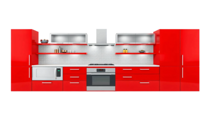 Modern red kitchen cabinets isolated on transparent background