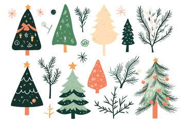 Obraz premium Collection of eight diverse evergreen pine trees isolated on a illustration