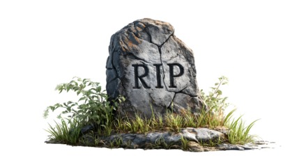 Ancient cracked tombstone with carved r.i.p. surrounded by grass