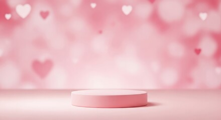 Pink romantic 3D podium with floating heart bokeh background for valentine