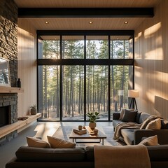 A spacious living room, bathed in natural light, showcases panoramic views of a pine forest, featuring modern furnishings and minimalist design.